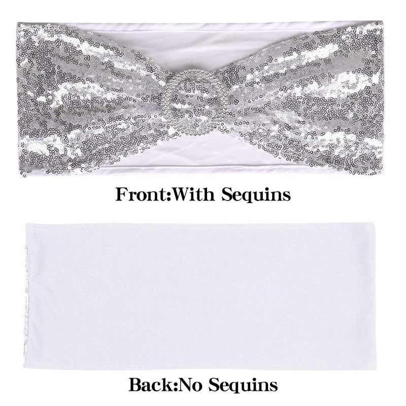 Desirable Life Pack of 25 Chair Sashes Sequin Stretchy Spandex Bands Decorative Bows One-Sided Sequins Decor for Romantic Wedding Party Home Chair Cover Sash Decorations - Silver - Image 3